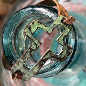 Copper Cuff Bracelet w/ Green Patina Cross Clasp